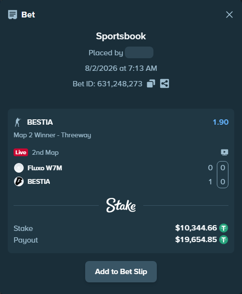 Bet slip: Fluxo W7M - BESTIA, $10,355.00 stake at 1.90 odds, placed by saszakoncza