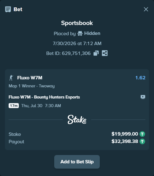 Bet slip: Fluxo W7M - Bounty Hunters Esports, $20,019.00 stake at 1.62 odds, placed by Hidden