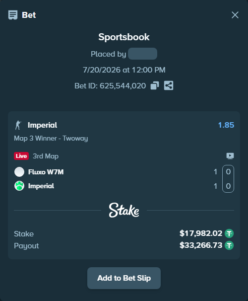 Bet slip: Fluxo W7M - Imperial, $18,000.00 stake at 1.85 odds, placed by oxorona