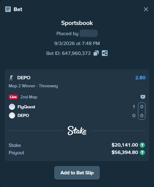 Bet slip: FlyQuest - DEPO, $20,141.00 stake at 2.80 odds, placed by saszakoncza