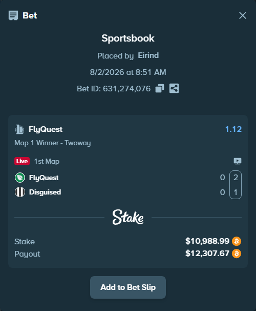 Bet slip: FlyQuest - Disguised, $11,260.21 stake at 1.12 odds, placed by Eirind