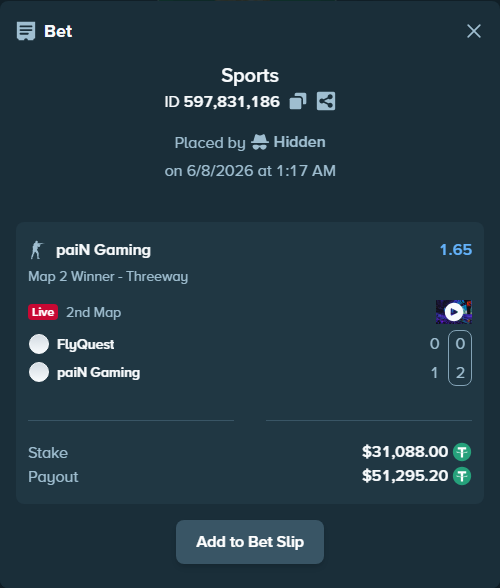 Bet slip: FlyQuest - paiN Gaming, $31,088.00 stake at 1.65 odds, placed by Hidden