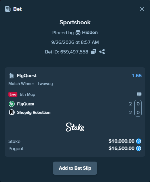 Bet slip: FlyQuest - Shopify Rebellion, $10,000.00 stake at 1.65 odds, placed by oddsennuNO