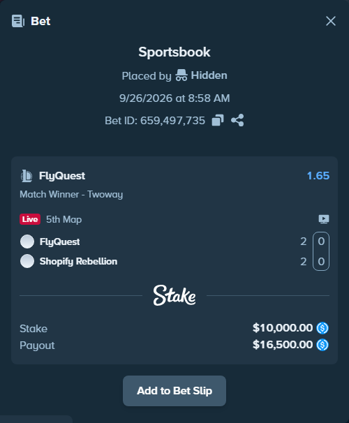 Bet slip: FlyQuest - Shopify Rebellion, $10,000.00 stake at 1.65 odds, placed by oddsennuNO