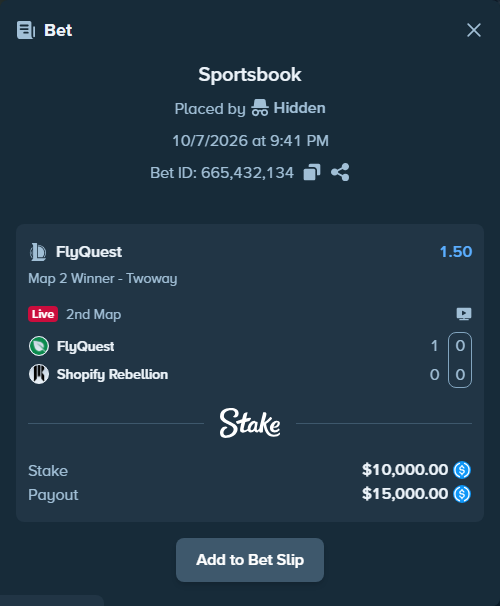Bet slip: FlyQuest - Shopify Rebellion, $10,000.00 stake at 1.50 odds, placed by oddsennuNO