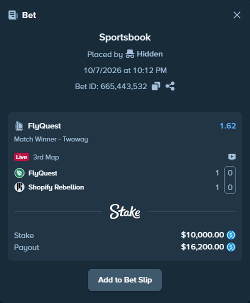 Bet slip: FlyQuest - Shopify Rebellion, $10,000.00 stake at 1.62 odds, placed by Hidden