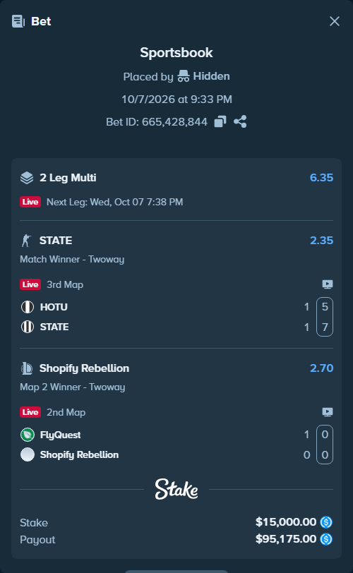 Bet slip: FlyQuest - Shopify Rebellion, $15,000.00 stake at 2.70 odds, placed by Hidden