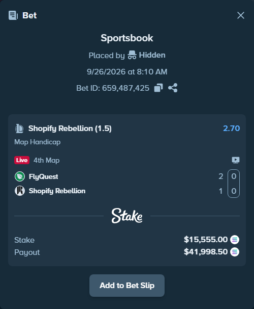 Bet slip: FlyQuest - Shopify Rebellion, $15,597.90 stake at 2.70 odds, placed by Hidden