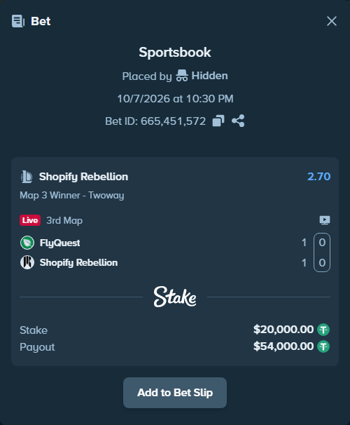Bet slip: FlyQuest - Shopify Rebellion, $19,994.00 stake at 2.70 odds, placed by 도다리