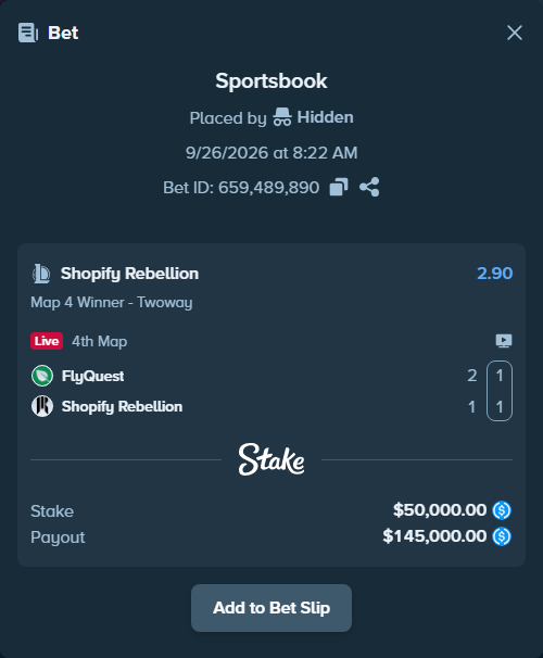 Bet slip: FlyQuest - Shopify Rebellion, $50,000.00 stake at 2.90 odds, placed by Hidden