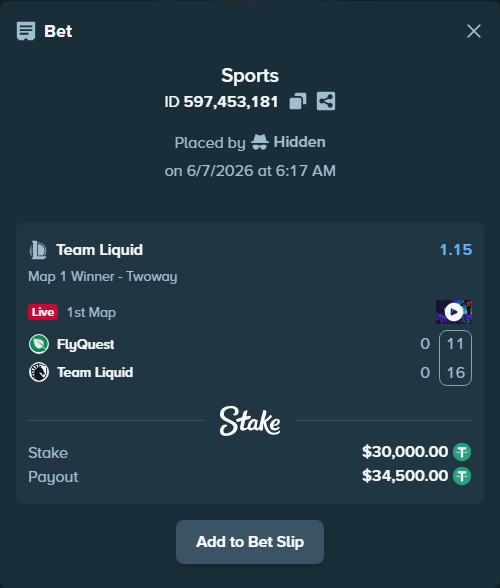 Bet slip: FlyQuest - Team Liquid, $30,000.00 stake at 1.15 odds, placed by Hidden
