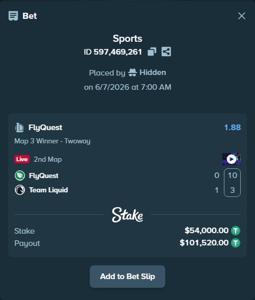 Bet slip: FlyQuest - Team Liquid, $54,000.00 stake at 1.88 odds, placed by Hidden