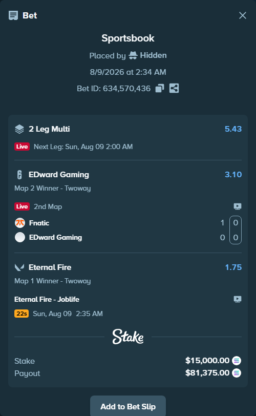 Bet slip: Fnatic - EDward Gaming, $14,990.63 stake at 3.10 odds, placed by Hidden