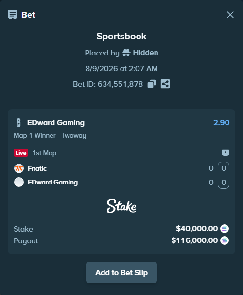 Bet slip: Fnatic - EDward Gaming, $40,027.45 stake at 2.90 odds, placed by Hidden