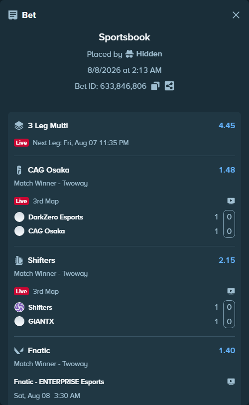 Bet slip: Fnatic - ENTERPRISE Esports, $25,000.00 stake at 1.40 odds, placed by Hidden