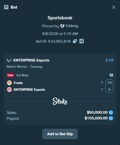 Bet slip: Fnatic - ENTERPRISE Esports, $50,000.00 stake at 3.10 odds, placed by Cabrzy