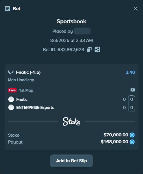 Bet slip: Fnatic - ENTERPRISE Esports, $70,000.00 stake at 2.40 odds, placed by Cabrzy
