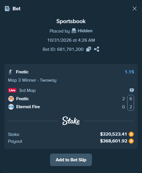 Bet slip: Fnatic - Eternal Fire, $317,983.36 stake at 1.15 odds, placed by Hidden
