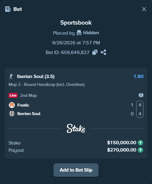 Bet slip: Fnatic - Iberian Soul, $150,000.00 stake at 1.80 odds, placed by Hidden