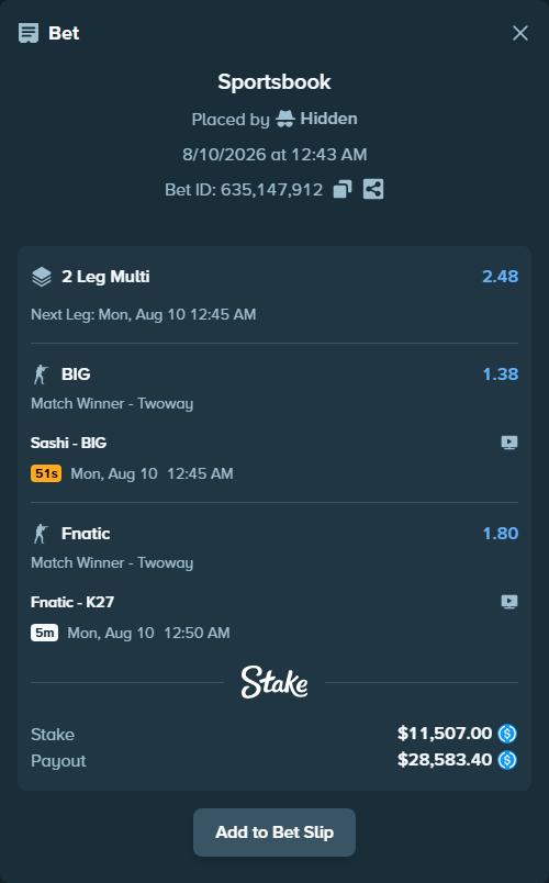 Bet slip: Fnatic - K27, $11,507.00 stake at 1.80 odds, placed by Hidden
