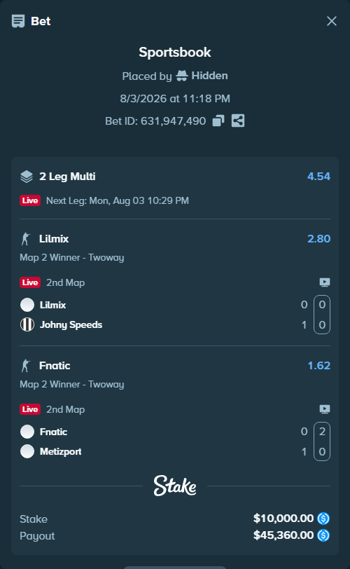 Bet slip: Fnatic - Metizport, $10,000.00 stake at 1.62 odds, placed by Hidden