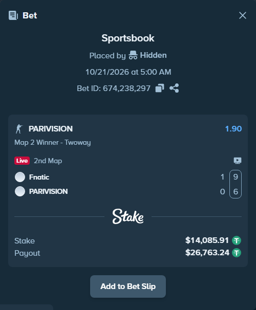 Bet slip: Fnatic - PARIVISION, $14,100.00 stake at 1.90 odds, placed by Hidden