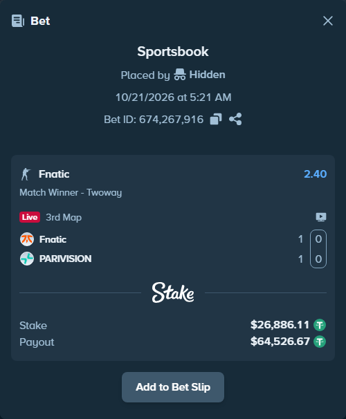 Bet slip: Fnatic - PARIVISION, $26,913.00 stake at 2.40 odds, placed by Hidden