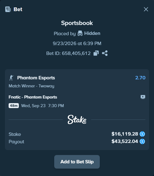 Bet slip: Fnatic - Phantom Esports, $16,119.28 stake at 2.70 odds, placed by Hidden