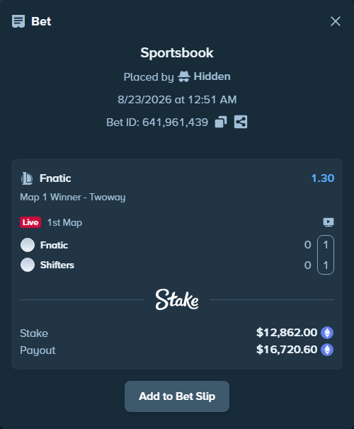 Bet slip: Fnatic - Shifters, $12,897.30 stake at 1.30 odds, placed by Hidden