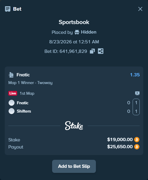 Bet slip: Fnatic - Shifters, $19,033.89 stake at 1.35 odds, placed by Hidden