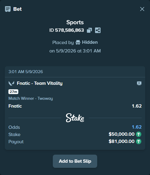 Bet slip: Fnatic - Team Vitality, $50,000.00 stake at 1.62 odds, placed by Hidden