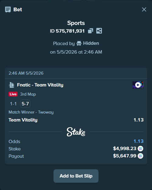 Bet slip: Fnatic - Team Vitality, $4,343.49 stake at 1.13 odds, placed by Hidden