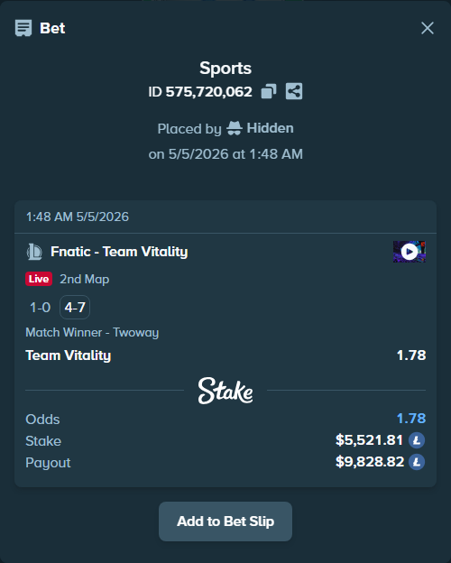Bet slip: Fnatic - Team Vitality, $4,450.00 stake at 1.78 odds, placed by Hidden