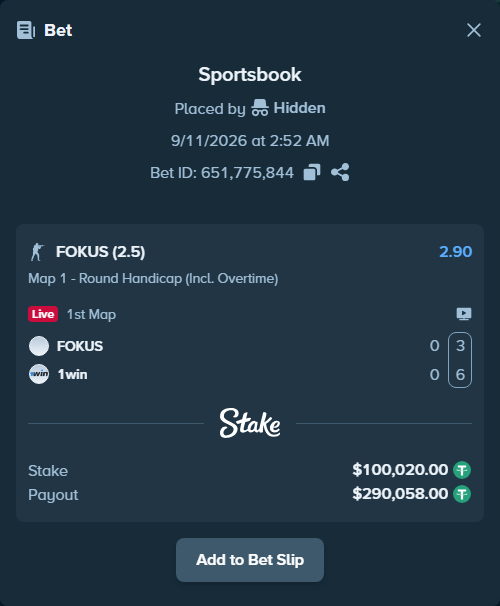 Bet slip: FOKUS - 1win, $100,000.00 stake at 2.90 odds, placed by Hidden