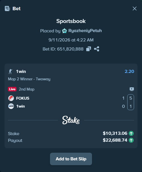 Bet slip: FOKUS - 1win, $10,311.00 stake at 2.20 odds, placed by RyazheniyPetuh