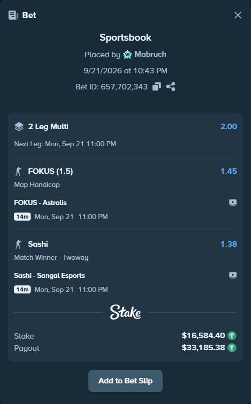 Bet slip: FOKUS - Astralis, $16,584.40 stake at 1.45 odds, placed by Mabruch