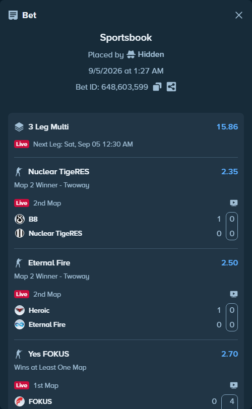 Bet slip: FOKUS - BC.Game, $10,000.00 stake at 2.70 odds, placed by Hidden