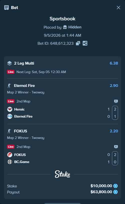 Bet slip: FOKUS - BC.Game, $10,000.00 stake at 2.20 odds, placed by Hidden