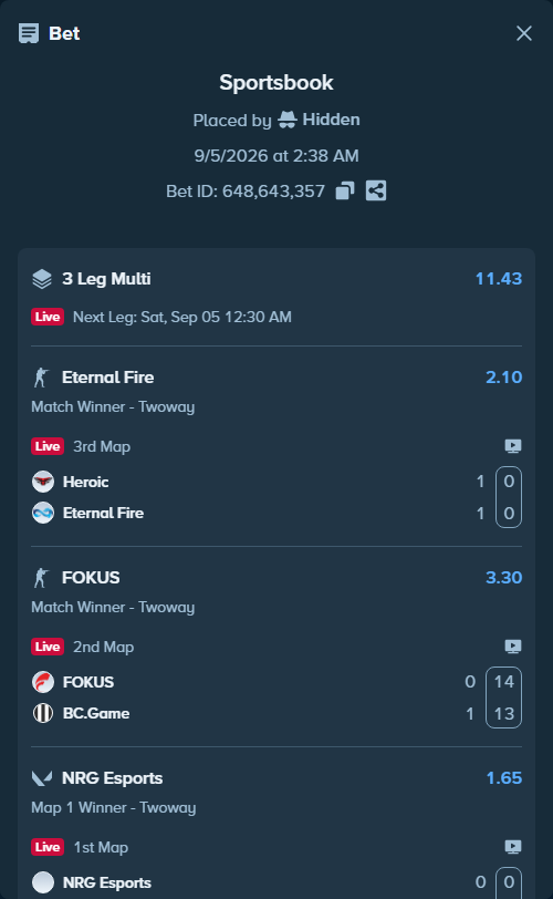 Bet slip: FOKUS - BC.Game, $10,000.00 stake at 3.30 odds, placed by Hidden