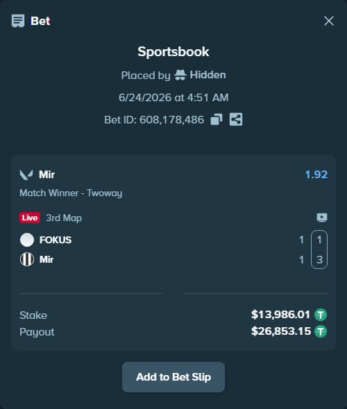 Bet slip: FOKUS - Mir, $14,000.00 stake at 1.92 odds, placed by Hidden