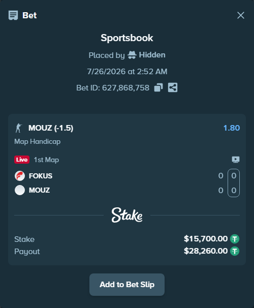 Bet slip: FOKUS - MOUZ, $15,700.00 stake at 1.80 odds, placed by Hidden