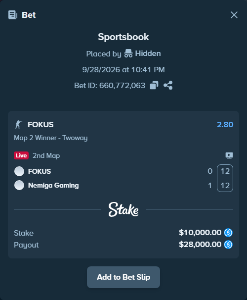Bet slip: FOKUS - Nemiga Gaming, $10,000.00 stake at 2.80 odds, placed by Hidden