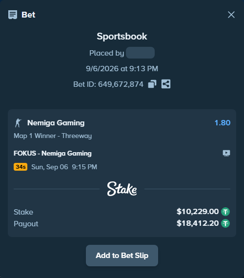 Bet slip: FOKUS - Nemiga Gaming, $10,229.00 stake at 1.80 odds, placed by saszakoncza
