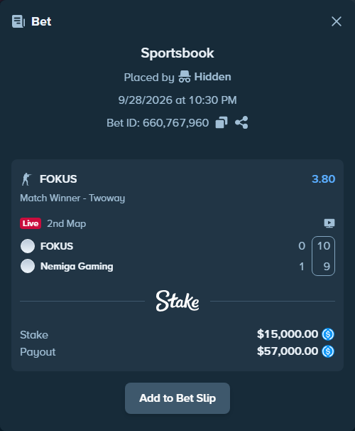 Bet slip: FOKUS - Nemiga Gaming, $15,000.00 stake at 3.80 odds, placed by Hidden