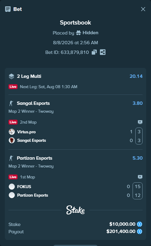Bet slip: FOKUS - Partizan Esports, $10,000.00 stake at 5.30 odds, placed by Hidden
