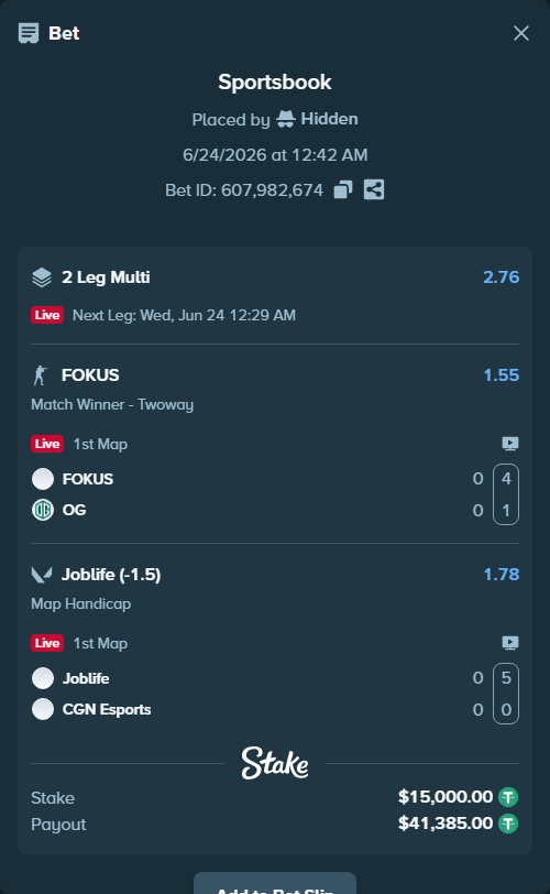 Bet slip: FOKUS - Team OG, $15,015.00 stake at 1.55 odds, placed by Hidden