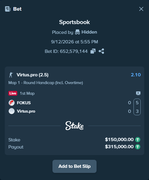 Bet slip: FOKUS - Virtus.pro, $150,000.00 stake at 2.10 odds, placed by Hidden