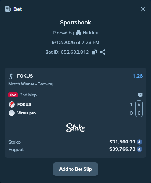 Bet slip: FOKUS - Virtus.pro, $31,397.57 stake at 1.26 odds, placed by Hidden