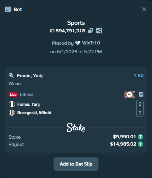 Bet slip: Fomin, Yurij - Buczynski, Witold, $10,000.00 stake at 1.50 odds, placed by WinTr10