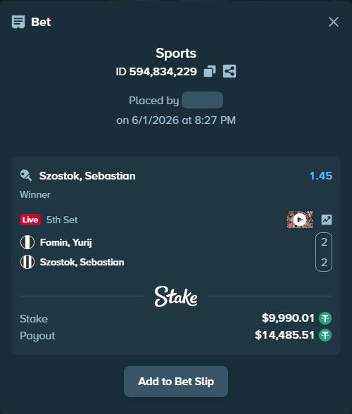 Bet slip: Fomin, Yurij - Szostok, Sebastian, $10,000.00 stake at 1.45 odds, placed by WinTr10